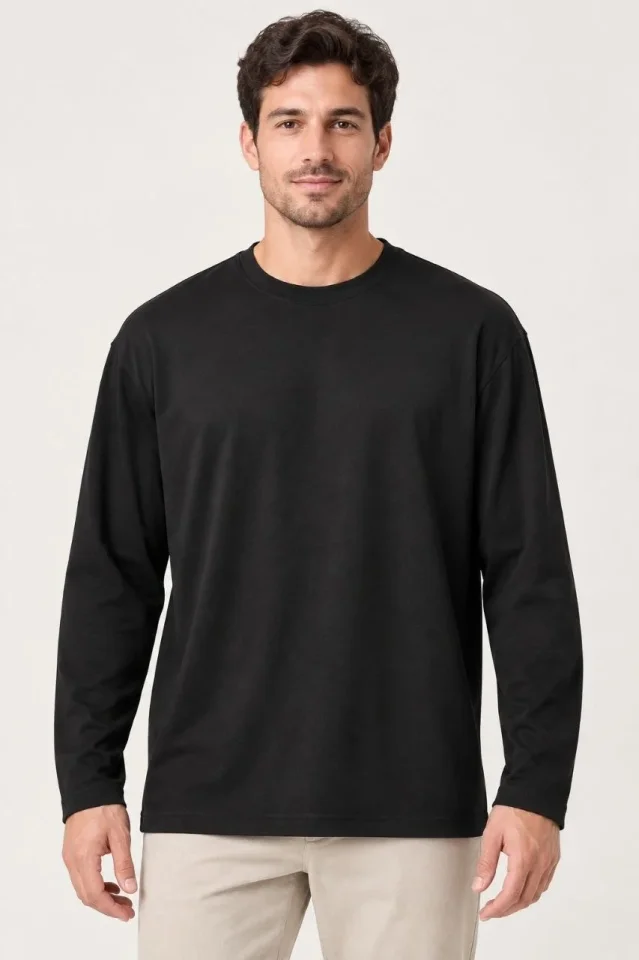 Erkek Modal Yumuşak Dokulu Bisiklet Yaka Uzun Kollu Tişört Sweatshirt - Siyah - Görsel 3