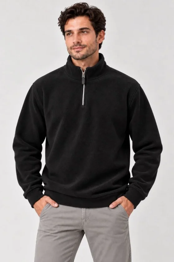Erkek Polar Dik Yaka Yarım Fermuarlı Uzun Kollu Regular Fit Kışlık Sweatshirt - Siyah - Görsel 2