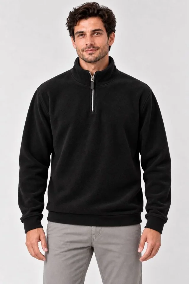 Erkek Polar Dik Yaka Yarım Fermuarlı Uzun Kollu Regular Fit Kışlık Sweatshirt - Siyah - Görsel 3