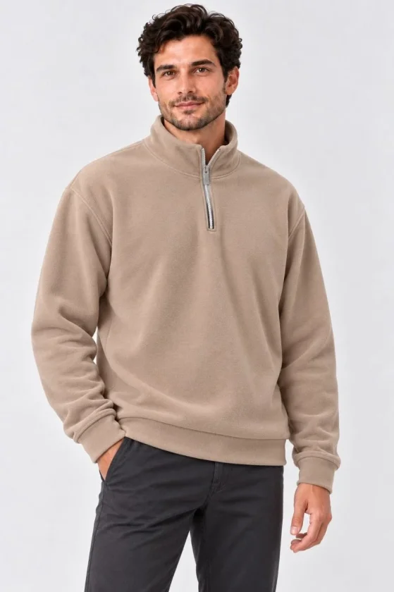 Erkek Polar Dik Yaka Yarım Fermuarlı Uzun Kollu Regular Fit Kışlık Sweatshirt - Bej - Görsel 2