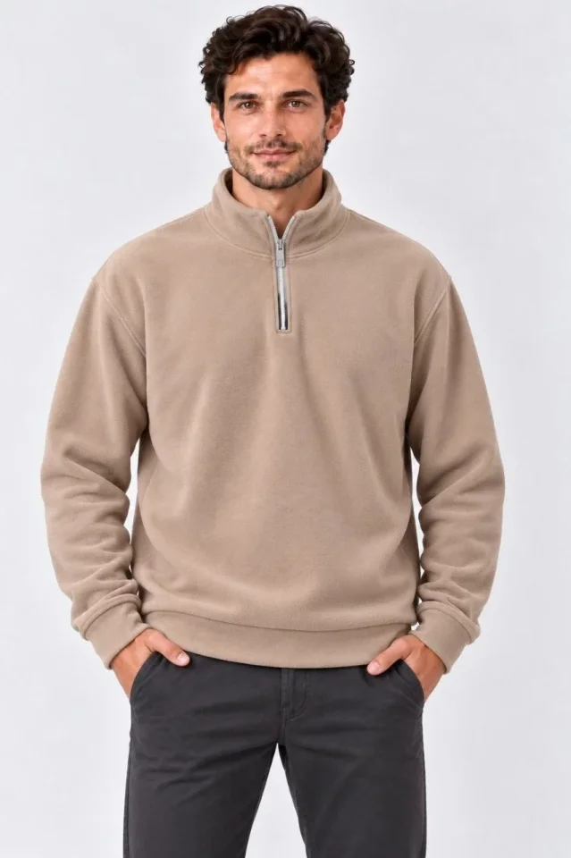 Erkek Polar Dik Yaka Yarım Fermuarlı Uzun Kollu Regular Fit Kışlık Sweatshirt - Bej - Görsel 3