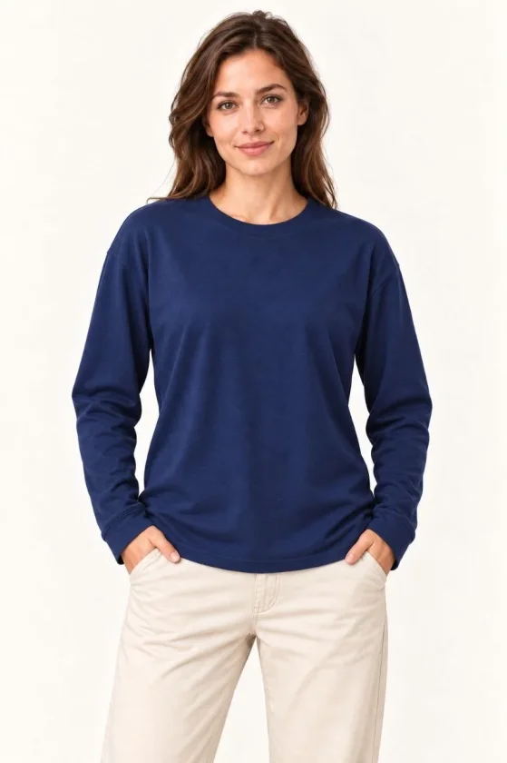 Modal Yumuşak Dokulu Bisiklet Yaka Uzun Kollu Tişört Sweatshirt - Lacivert - Görsel 2