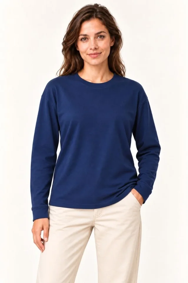 Modal Yumuşak Dokulu Bisiklet Yaka Uzun Kollu Tişört Sweatshirt - Lacivert - Görsel 3