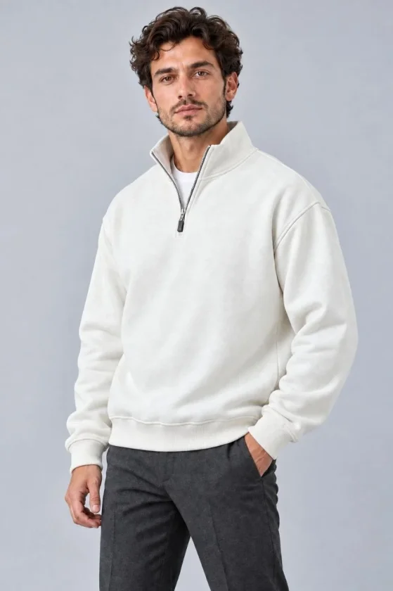 Erkek Üç İplik İçi Şardonlu Dik Yaka Yarım Fermuarlı Kışlık Sweatshirt - Beyaz - Görsel 2