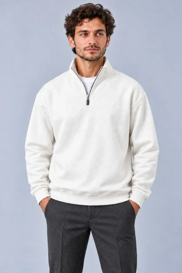 Erkek Üç İplik İçi Şardonlu Dik Yaka Yarım Fermuarlı Kışlık Sweatshirt - Beyaz - Görsel 3