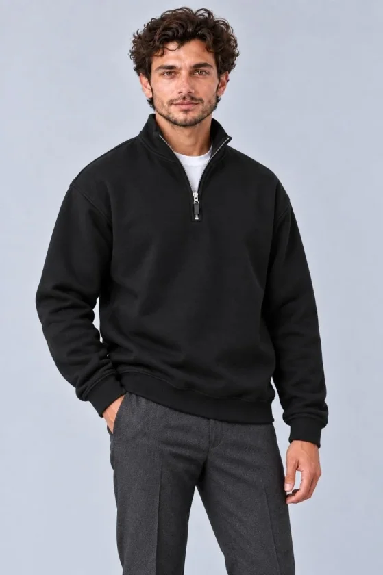 Erkek Üç İplik İçi Şardonlu Dik Yaka Yarım Fermuarlı Kışlık Sweatshirt - Siyah - Görsel 2