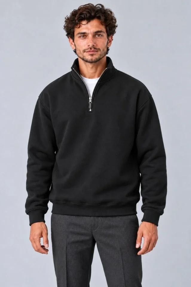 Erkek Üç İplik İçi Şardonlu Dik Yaka Yarım Fermuarlı Kışlık Sweatshirt - Siyah - Görsel 3