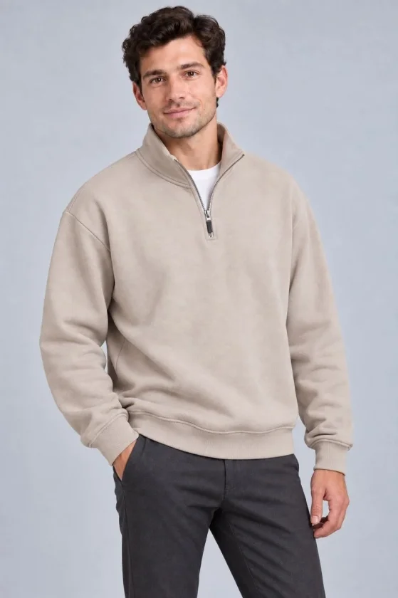 Erkek Üç İplik İçi Şardonlu Dik Yaka Yarım Fermuarlı Kışlık Sweatshirt - Bej - Görsel 2