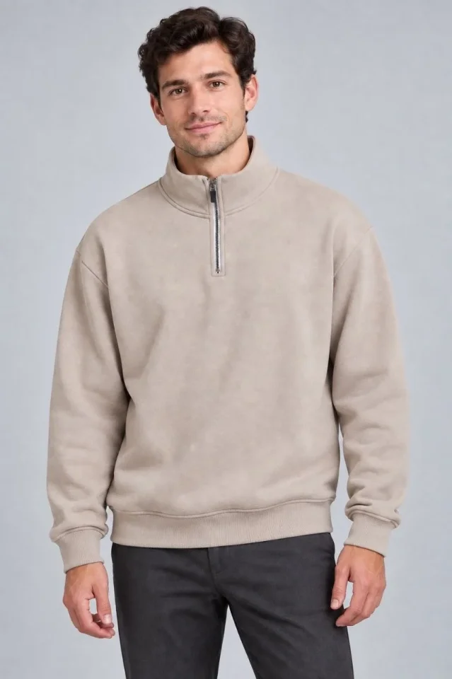 Erkek Üç İplik İçi Şardonlu Dik Yaka Yarım Fermuarlı Kışlık Sweatshirt - Bej - Görsel 3