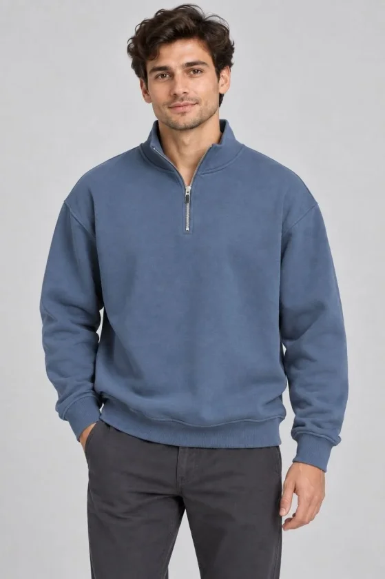 Erkek Üç İplik İçi Şardonlu Dik Yaka Yarım Fermuarlı Kışlık Sweatshirt - Mavi - Görsel 2