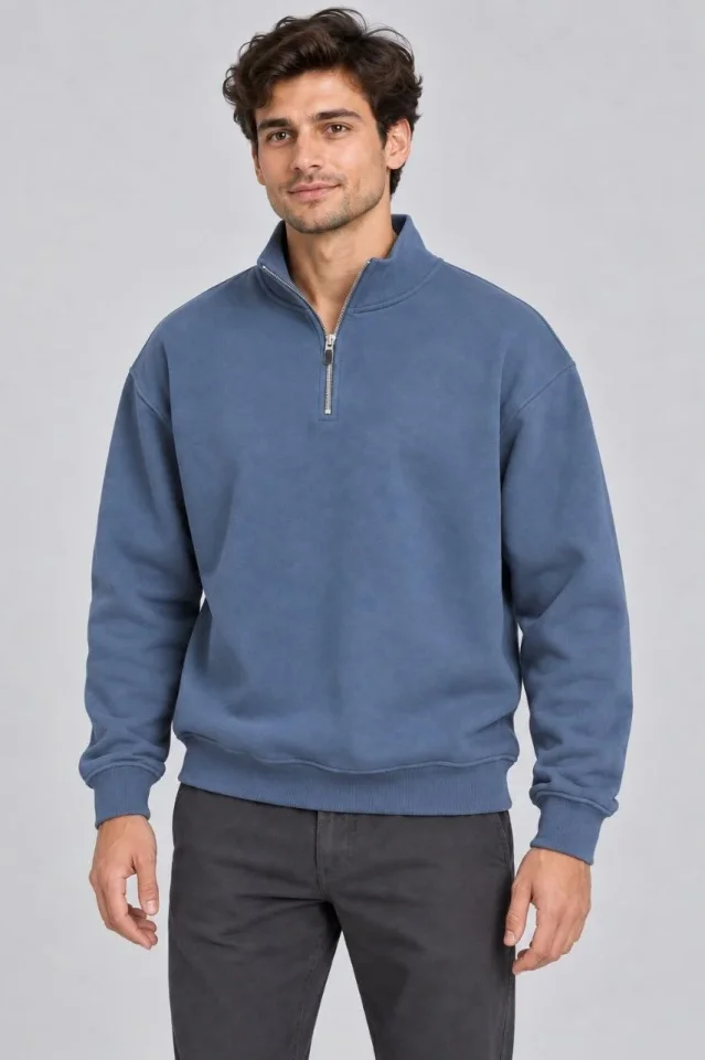 Erkek Üç İplik İçi Şardonlu Dik Yaka Yarım Fermuarlı Kışlık Sweatshirt - Mavi