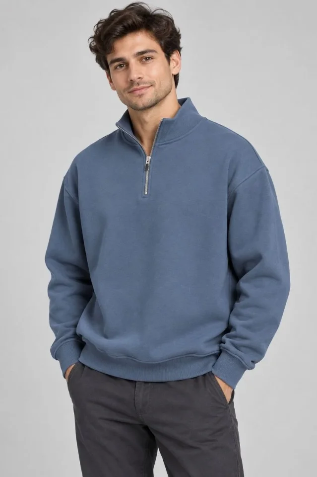 Erkek Üç İplik İçi Şardonlu Dik Yaka Yarım Fermuarlı Kışlık Sweatshirt - Mavi - Görsel 3