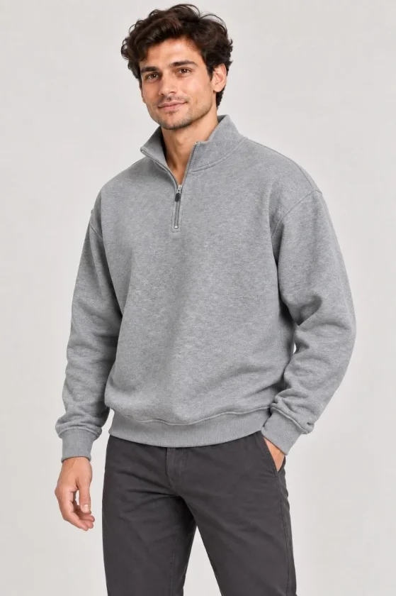 Erkek Üç İplik İçi Şardonlu Dik Yaka Yarım Fermuarlı Kışlık Sweatshirt - Grİ - Görsel 2