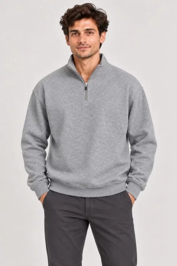 Erkek Üç İplik İçi Şardonlu Dik Yaka Yarım Fermuarlı Kışlık Sweatshirt - Grİ