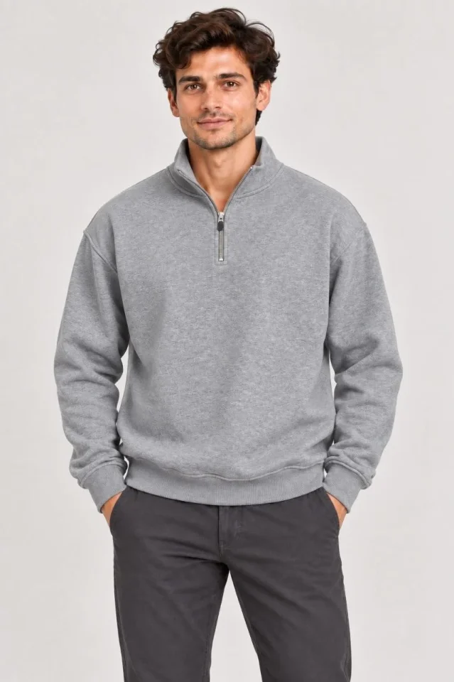 Erkek Üç İplik İçi Şardonlu Dik Yaka Yarım Fermuarlı Kışlık Sweatshirt - Grİ