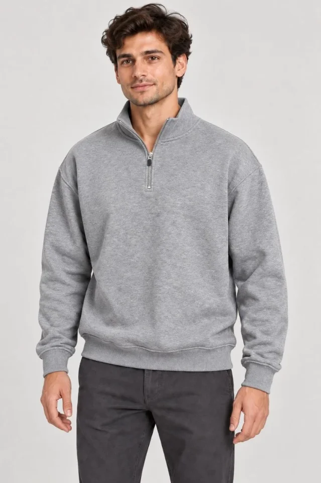 Erkek Üç İplik İçi Şardonlu Dik Yaka Yarım Fermuarlı Kışlık Sweatshirt - Grİ - Görsel 3