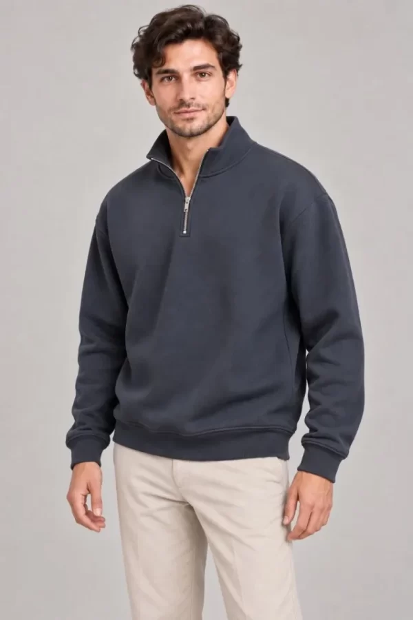 Erkek Üç İplik İçi Şardonlu Dik Yaka Yarım Fermuarlı Kışlık Sweatshirt - Füme