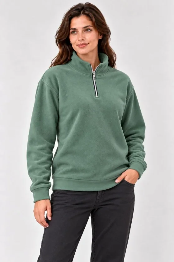 Polar Dik Yaka Yarım Fermuarlı Uzun Kollu Regular Fit Kışlık Sweatshirt - Mint Yeşili - Görsel 2