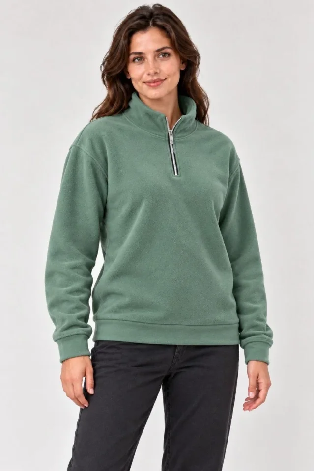 Polar Dik Yaka Yarım Fermuarlı Uzun Kollu Regular Fit Kışlık Sweatshirt - Mint Yeşili - Görsel 3