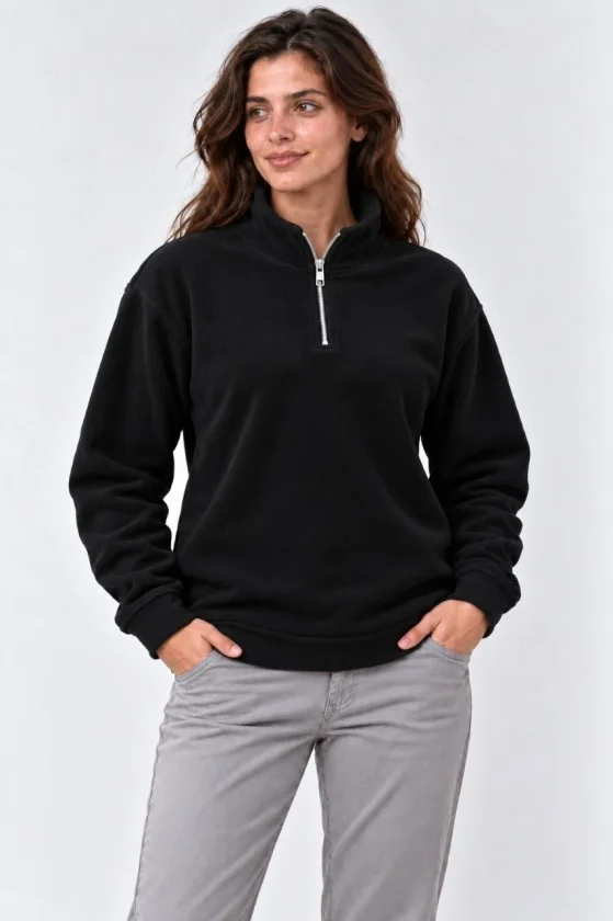Polar Dik Yaka Yarım Fermuarlı Uzun Kollu Regular Fit Kışlık Sweatshirt - Siyah - Görsel 2
