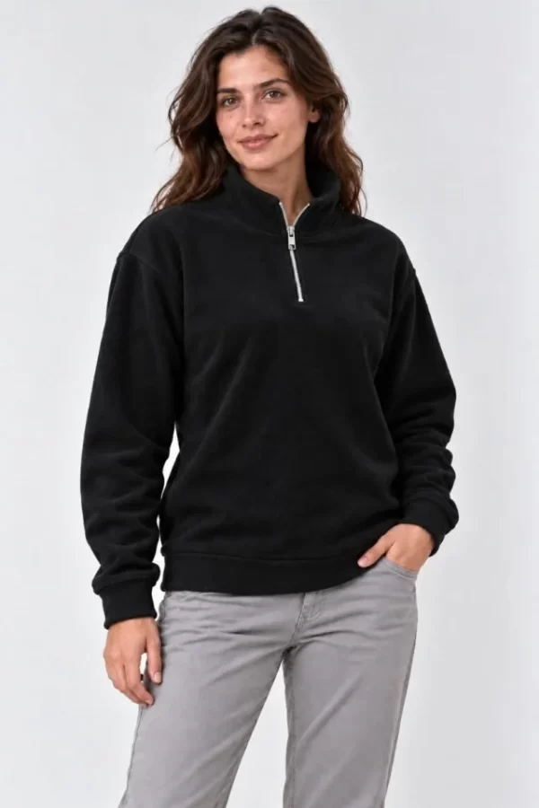Polar Dik Yaka Yarım Fermuarlı Uzun Kollu Regular Fit Kışlık Sweatshirt - Siyah