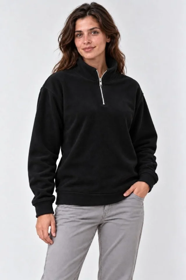 Polar Dik Yaka Yarım Fermuarlı Uzun Kollu Regular Fit Kışlık Sweatshirt - Siyah