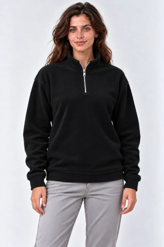 Polar Dik Yaka Yarım Fermuarlı Uzun Kollu Regular Fit Kışlık Sweatshirt - Siyah - Görsel 3