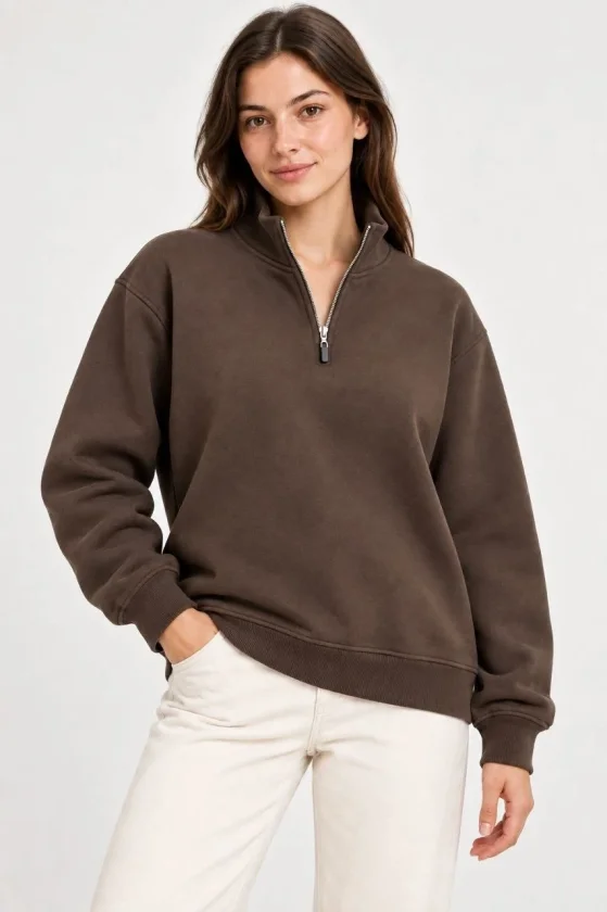 Üç İplik İçi Şardonlu Dik Yaka Yarım Fermuarlı Kışlık Sweatshirt - Kahverengi - Görsel 2