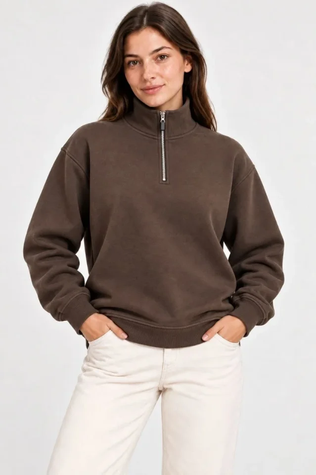Üç İplik İçi Şardonlu Dik Yaka Yarım Fermuarlı Kışlık Sweatshirt - Kahverengi - Görsel 3