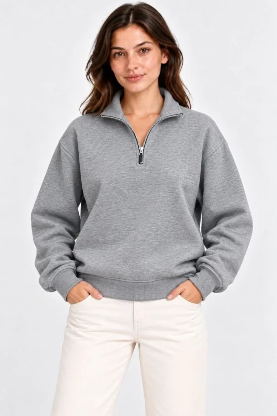 Üç İplik İçi Şardonlu Dik Yaka Yarım Fermuarlı Kışlık Sweatshirt - Grİ - Görsel 2