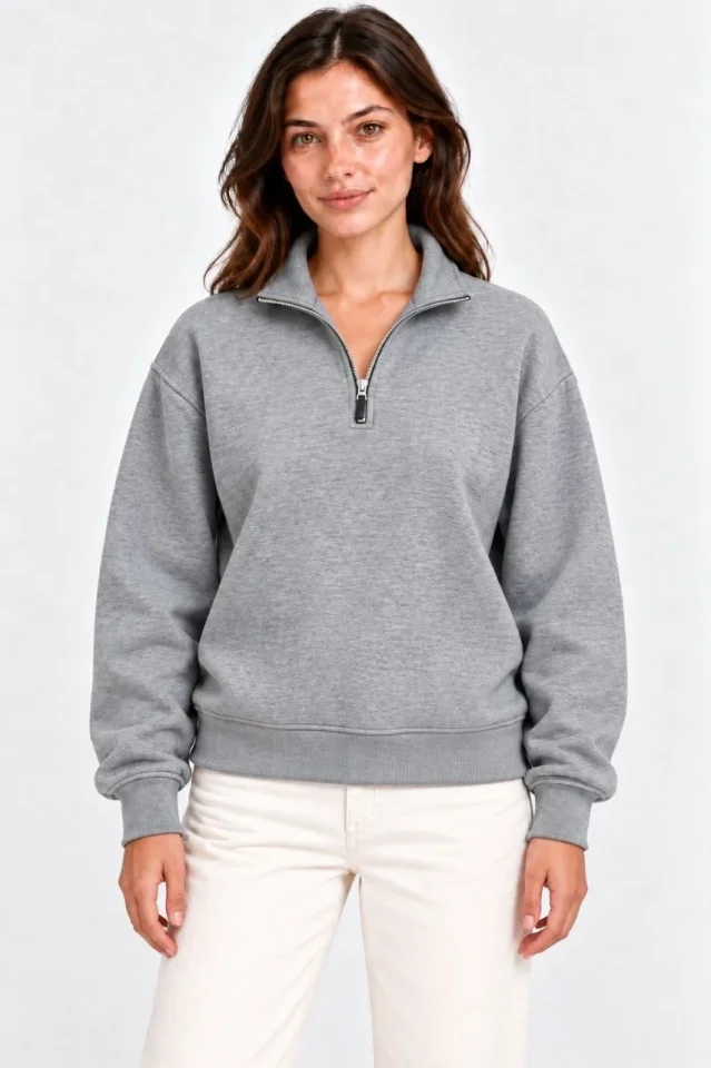 Üç İplik İçi Şardonlu Dik Yaka Yarım Fermuarlı Kışlık Sweatshirt - Grİ - Görsel 3