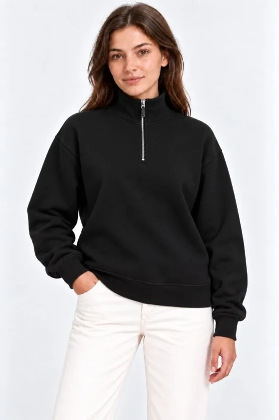 Üç İplik İçi Şardonlu Dik Yaka Yarım Fermuarlı Kışlık Sweatshirt - Siyah - Görsel 2