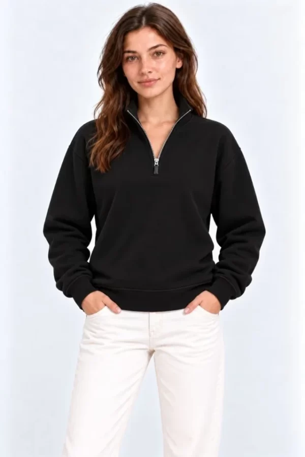 Üç İplik İçi Şardonlu Dik Yaka Yarım Fermuarlı Kışlık Sweatshirt - Siyah