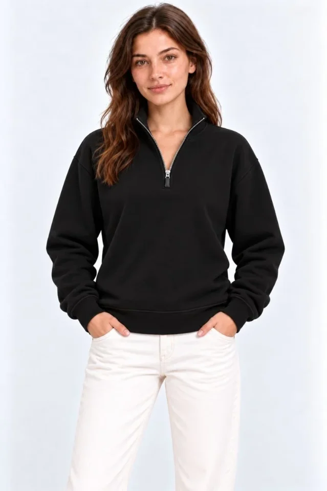 Üç İplik İçi Şardonlu Dik Yaka Yarım Fermuarlı Kışlık Sweatshirt - Siyah