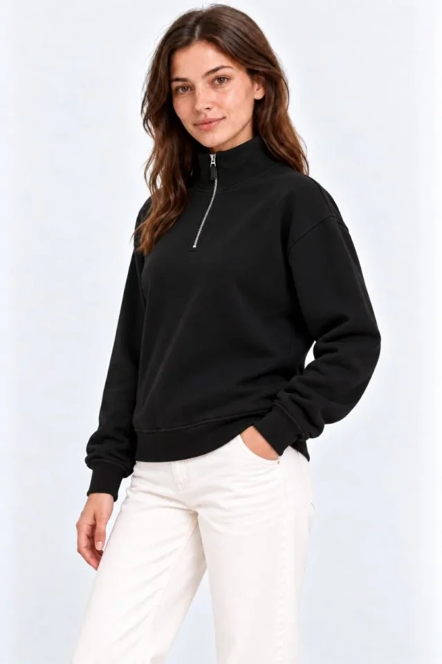 Üç İplik İçi Şardonlu Dik Yaka Yarım Fermuarlı Kışlık Sweatshirt - Siyah - Görsel 3