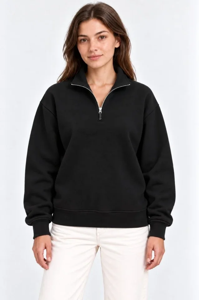 Üç İplik İçi Şardonlu Dik Yaka Yarım Fermuarlı Kışlık Sweatshirt - Siyah - Görsel 4