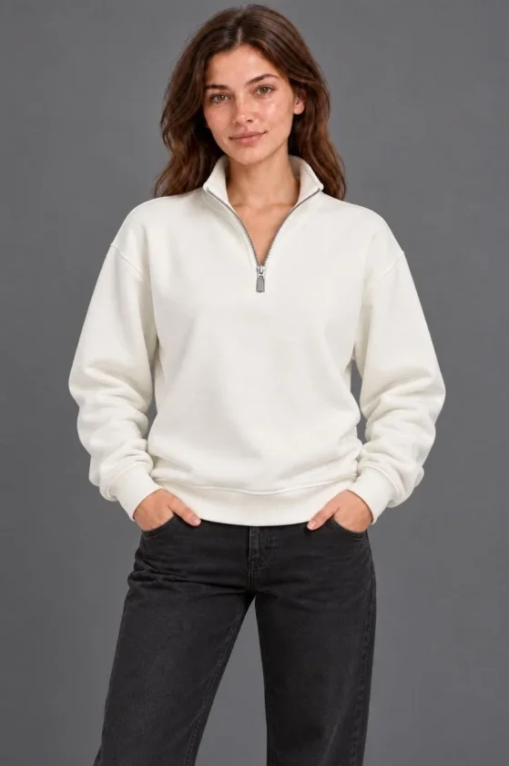 Üç İplik İçi Şardonlu Dik Yaka Yarım Fermuarlı Kışlık Sweatshirt - Beyaz - Görsel 2