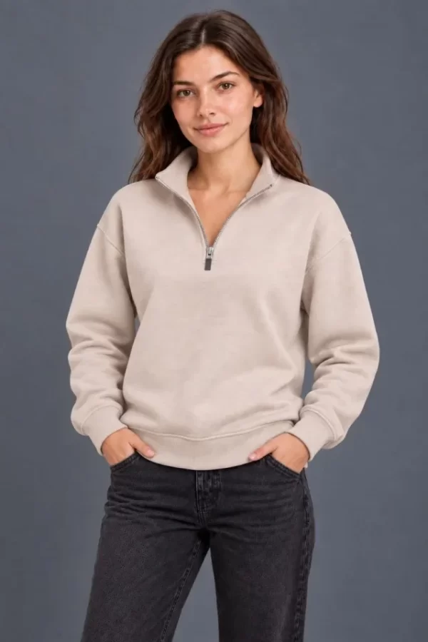 Üç İplik İçi Şardonlu Dik Yaka Yarım Fermuarlı Kışlık Sweatshirt - Bej
