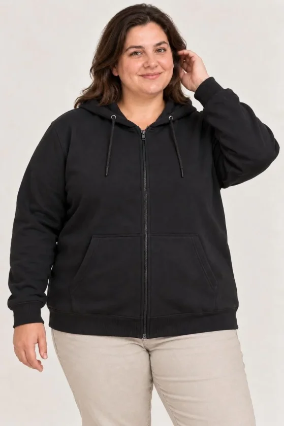 Battal Büyük Beden Üç İplik İçi Şardonlu Kapüşonlu Tam Fermuarlı Kışlık Sweatshirt - Siyah - Görsel 2
