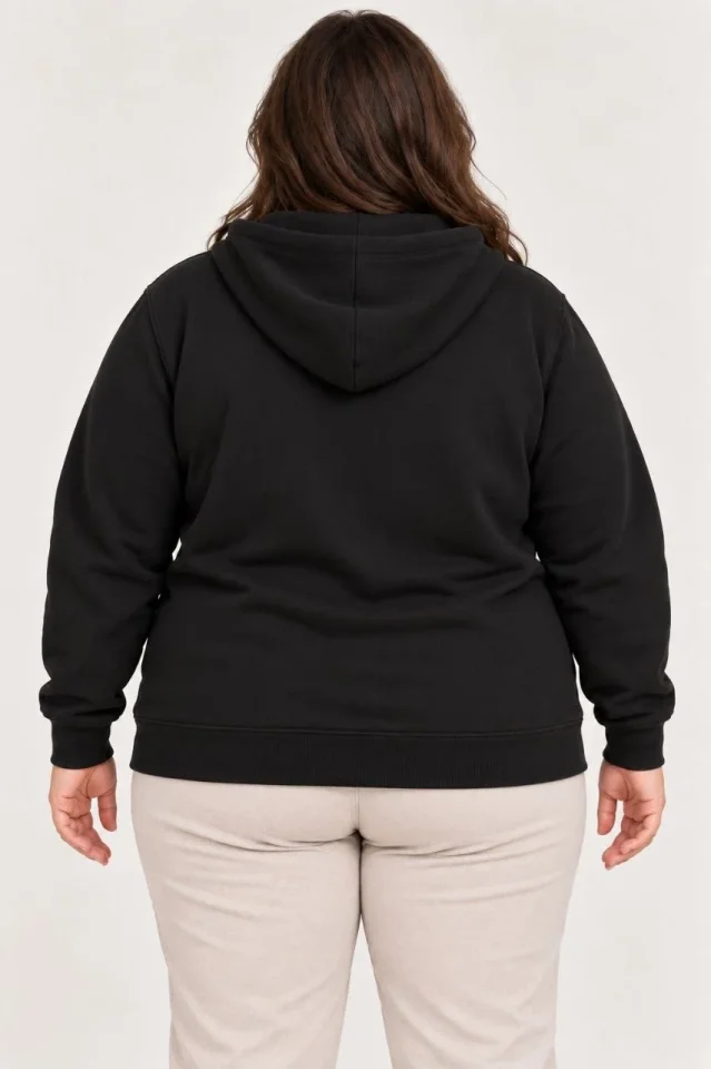 Battal Büyük Beden Üç İplik İçi Şardonlu Kapüşonlu Tam Fermuarlı Kışlık Sweatshirt - Siyah - Görsel 3