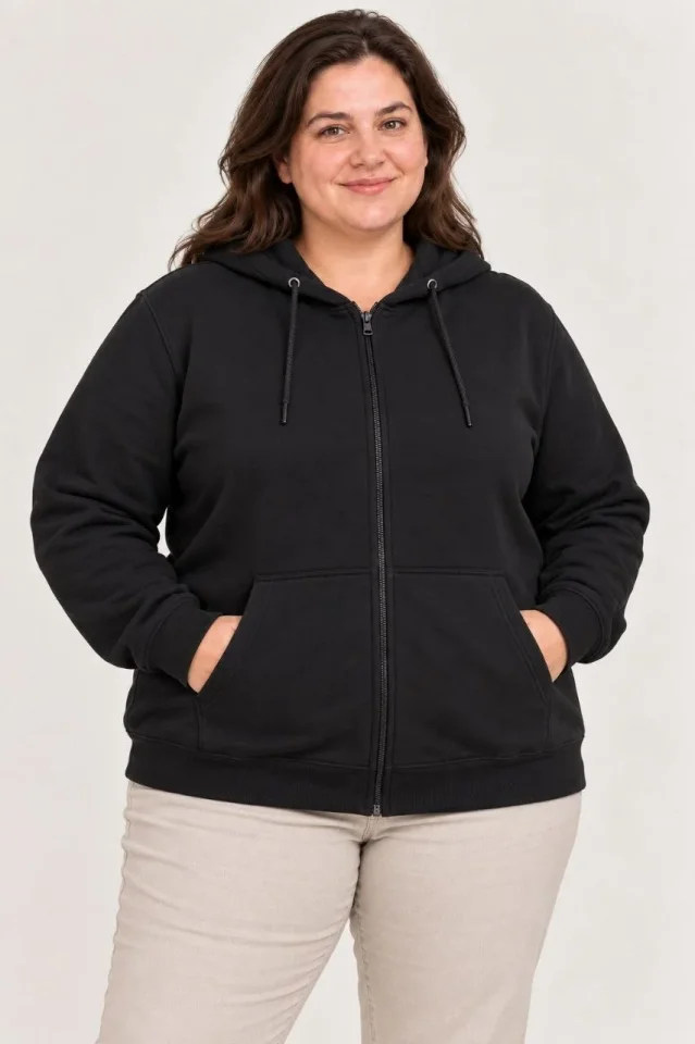 Battal Büyük Beden Üç İplik İçi Şardonlu Kapüşonlu Tam Fermuarlı Kışlık Sweatshirt - Siyah - Görsel 4