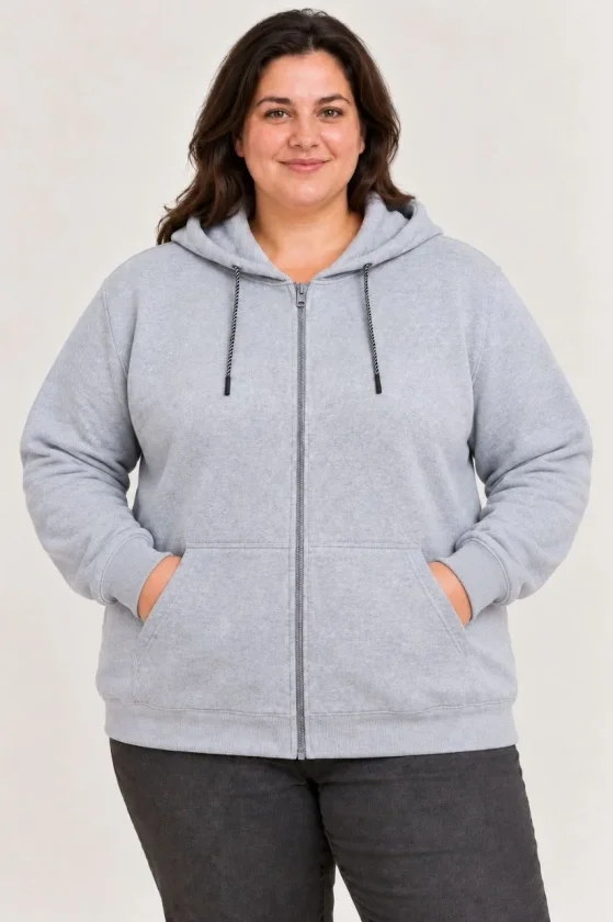 Battal Büyük Beden Üç İplik İçi Şardonlu Kapüşonlu Tam Fermuarlı Kışlık Sweatshirt - Gri - Görsel 2