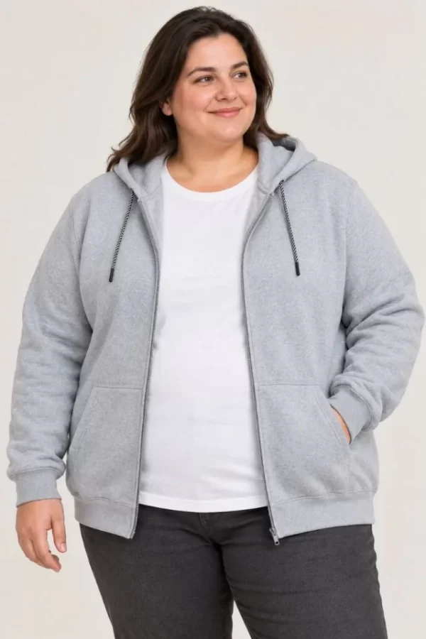 Battal Büyük Beden Üç İplik İçi Şardonlu Kapüşonlu Tam Fermuarlı Kışlık Sweatshirt - Gri