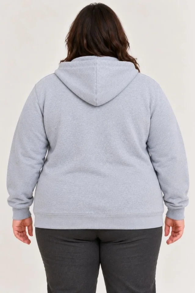 Battal Büyük Beden Üç İplik İçi Şardonlu Kapüşonlu Tam Fermuarlı Kışlık Sweatshirt - Gri - Görsel 3