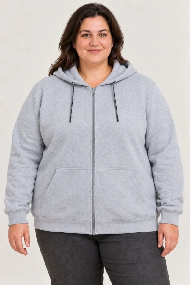 Battal Büyük Beden Üç İplik İçi Şardonlu Kapüşonlu Tam Fermuarlı Kışlık Sweatshirt - Gri - Görsel 4