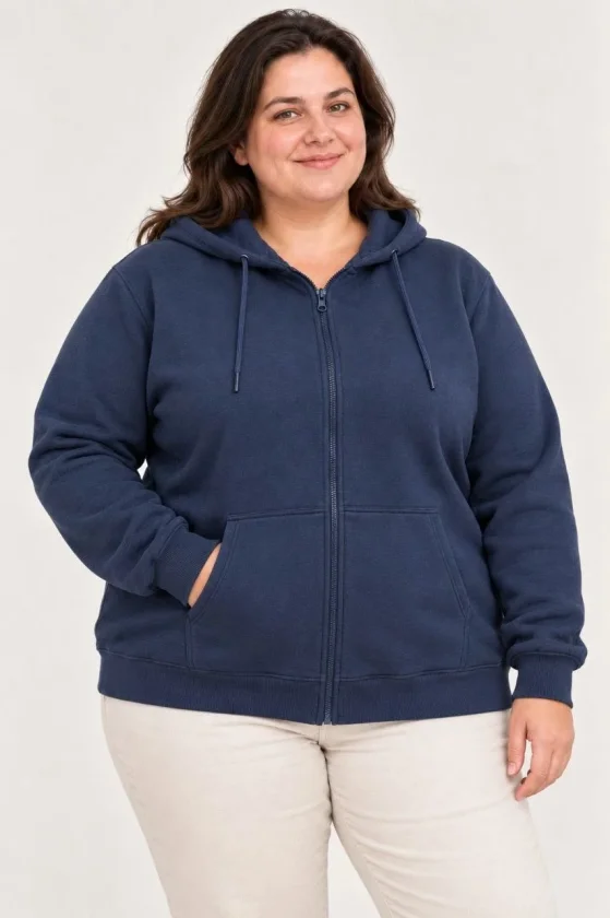Battal Büyük Beden Üç İplik İçi Şardonlu Kapüşonlu Tam Fermuarlı Kışlık Sweatshirt - Lacivert - Görsel 2