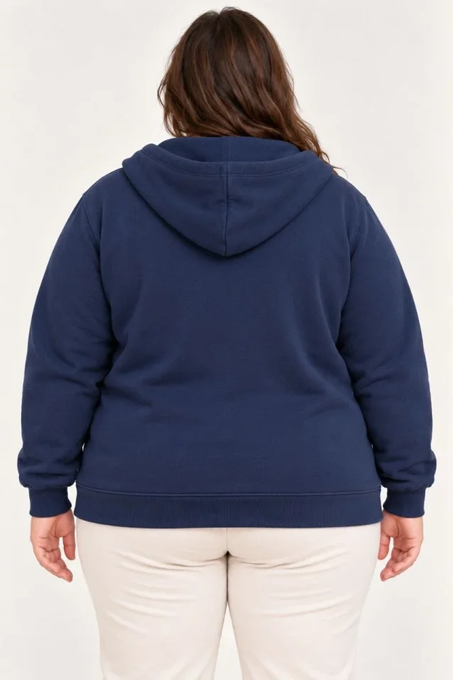 Battal Büyük Beden Üç İplik İçi Şardonlu Kapüşonlu Tam Fermuarlı Kışlık Sweatshirt - Lacivert - Görsel 3