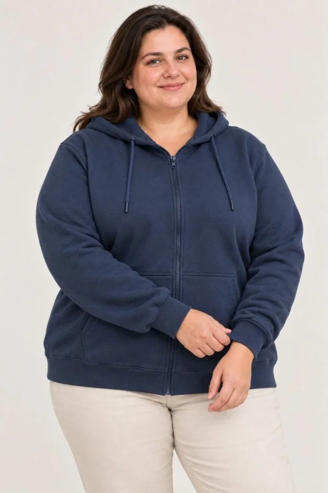 Battal Büyük Beden Üç İplik İçi Şardonlu Kapüşonlu Tam Fermuarlı Kışlık Sweatshirt - Lacivert - Görsel 4