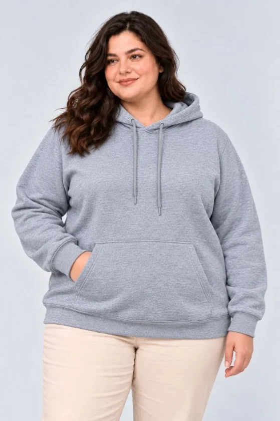Battal Büyük Beden Üç İplik İçi Şardonlu Kapüşonlu Kanguru Cepli Kışlık Sweatshirt - Gri - Görsel 2