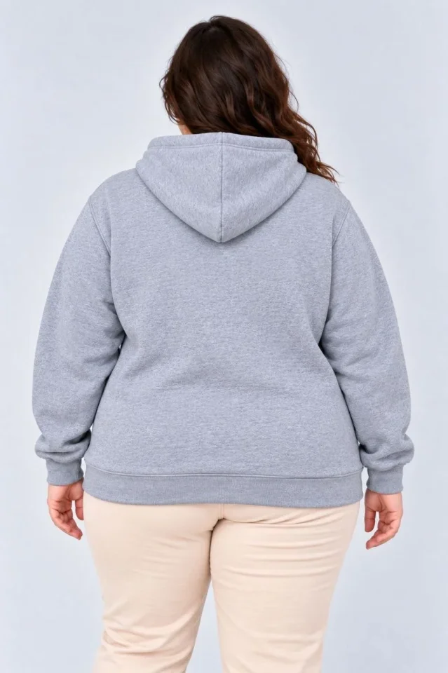 Battal Büyük Beden Üç İplik İçi Şardonlu Kapüşonlu Kanguru Cepli Kışlık Sweatshirt - Gri - Görsel 3